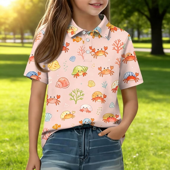 Girls Polo Shirt Henley Short Sleeve Cute Cartoon Animal Print School Uniform Button Closure Active Causal T Shirts, 150