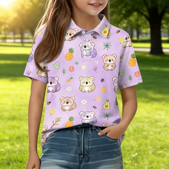 Girls Polo Shirt Henley Short Sleeve Cute Cartoon Animal Print School Uniform Button Closure Comfy Active T Shirts, 120