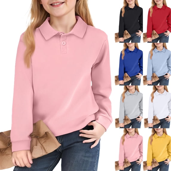Girls Polo Shirt Kids Long Sleeve Button Collared Uniform Shirts Youth Girls Uniforms Back to School Clothes,Pink,9-10 Years