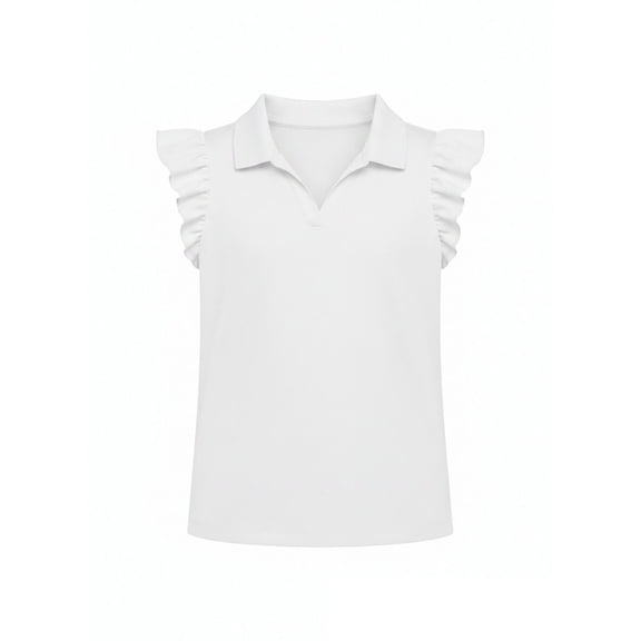 Girls Polo Shirt Ruffle Sleeve Collared Neck Plain Preppy Summer Tops Dressy Casual Collared (5-14Y)