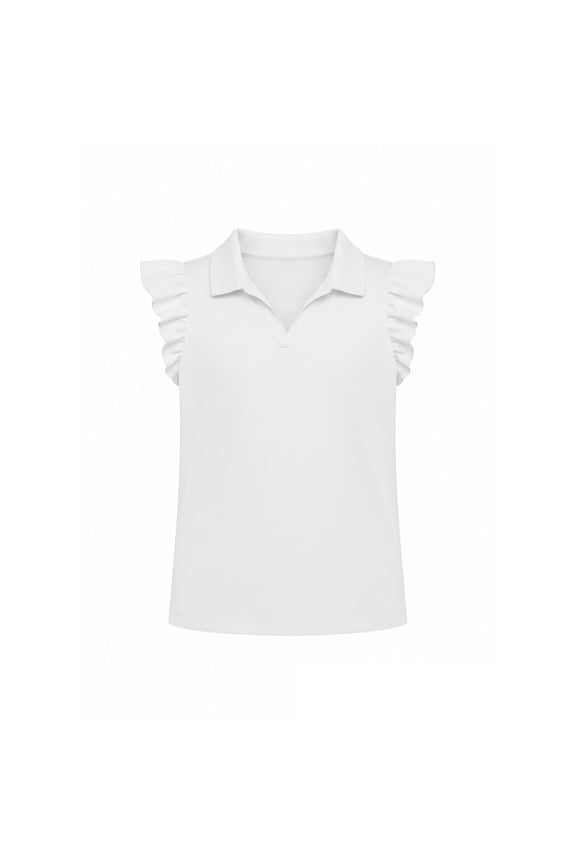 Girls Polo Shirt Ruffle Sleeve Collared Neck Plain Preppy Summer Tops Dressy Casual Collared (5-14Y)