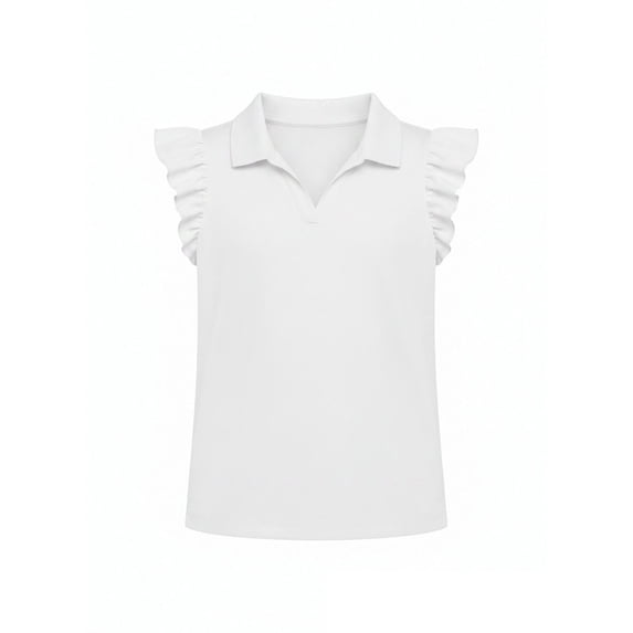 Girls Polo Shirt Ruffle Sleeve Collared Neck Summer Plain Preppy Collared Tops Dressy Casual (5-14y)