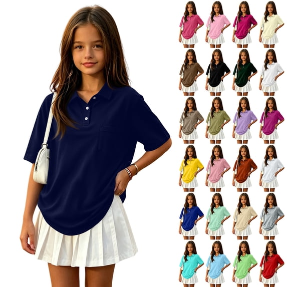 Girls Polo Shirt School Uniform Short Sleeve Casual Summer Comfy Soft Top with Pocket Back to School