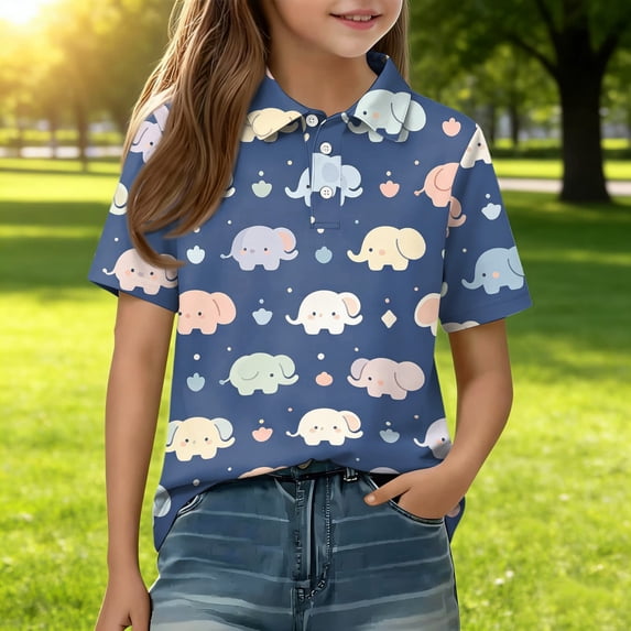 Girls Polo Shirt Short Sleeve Henley Cute Cartoon Animal Print School Uniform Button Closure Active Comfy T Shirts, 150