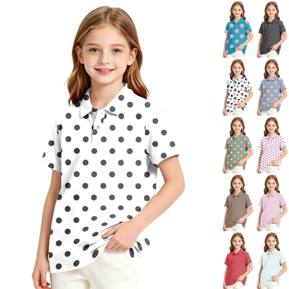 Girls Polo Shirt Short Sleeve Polka Dot Print Top School Uniform Classic Fit Casual Wear Summer Active Kids Clothing