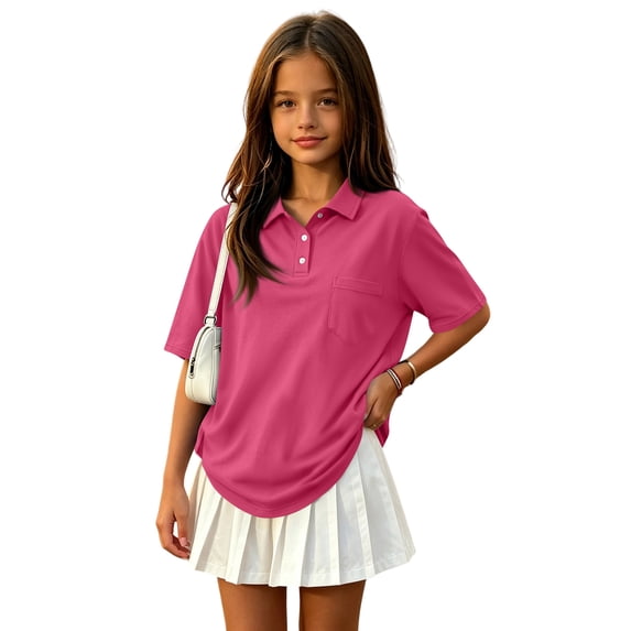 Girls Polo Shirts Short Sleeve Collared Button Down Tops Casual Summer Golf Shirts Side Slit School Uniform Outfits 2026,5-6Y,Hot Pink
