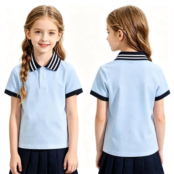 Girls Polo Uniform Shirt Short Sleeve Casual Summer Comfy Pique Top Striped Collar Back to School