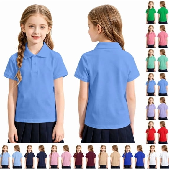 Girls Polo Uniform Shirt Summer Slim Fit Short Sleeve Comfy Collared Shirts for Girls Back to School Outfit,Blue 160
