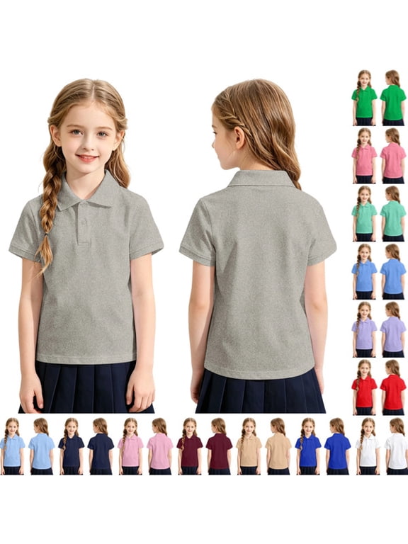Girls Polo Uniform Shirt Summer Slim Fit Short Sleeve Comfy Collared Shirts for Girls Back to School Outfit,Gray 160