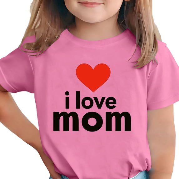 Girls Polyester Spandex T-Shirt I Love Mom Heart Graphic Relaxed Fit Crewneck Short Sleeve Pink,Size 11-12T