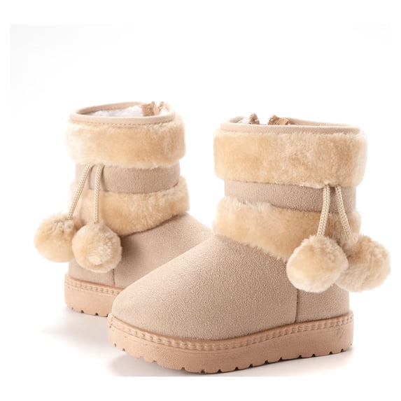 Girls Pom Pom Fuzzy Winter Snow Boots Side Zipper Warm Fleece Lined Non Slip Rubber Sole Kids Mid Calf Cold Weather Boots Multiple Colors Beige 6 M