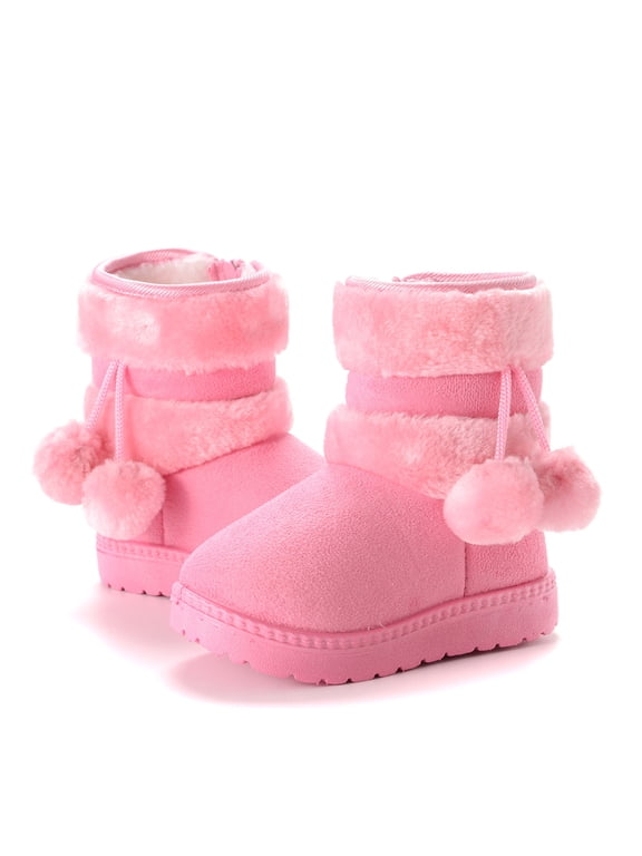 Girls Pom Pom Fuzzy Winter Snow Boots Side Zipper Warm Fleece Lined Non Slip Rubber Sole Kids Mid Calf Cold Weather Boots Multiple Colors Pink 1 M