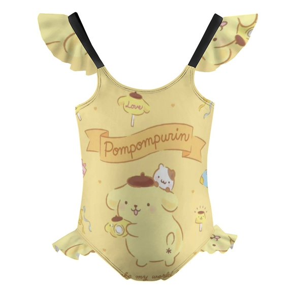 Girls Pompompurin One Piece Swimsuit Flutter Sleeve Bathing Suit Summer Swimwear