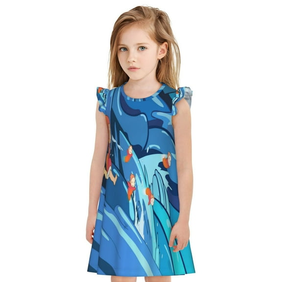 Girls Ponyo Princess Gown Dress Cartoon Printed Home Casual Wear Birthday Gift for Kids