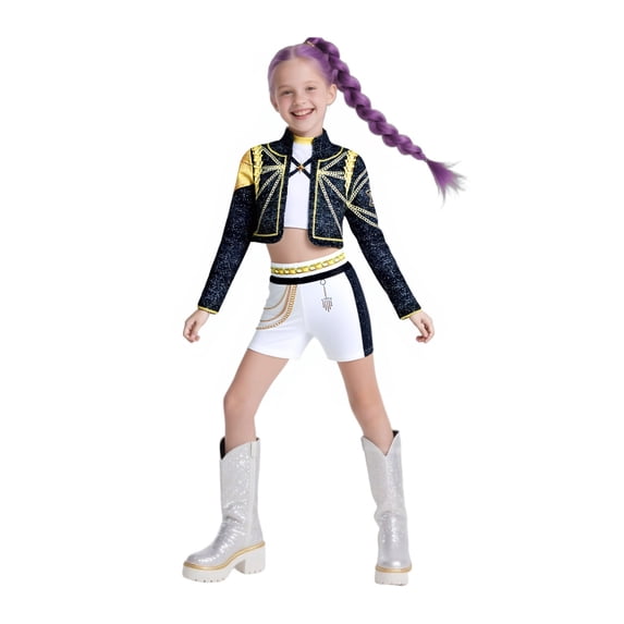 Girls Pop Idol Stage Costume 3-Piece Set, Kids Sparkly Jacket Inner Top and Shorts for Dance Performance Halloween Party Dress Up, 160 (12-13Year)