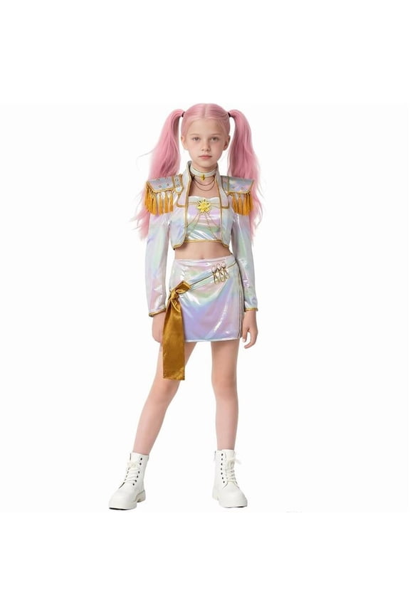 Girls Pop Singer Cos Outfit Set for Party Theme Dress Up Birthday Gifts Pop Singer Pendant Dance Stage Outfits Set7-8 Years