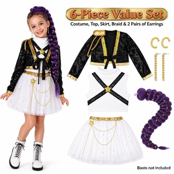 Girls Pop Star Princess Costume Kids Halloween Dress Up Outfit Set ...
