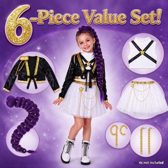 Girls Pop Star Princess Costume Kids Halloween Dress Up Outfit Set ...