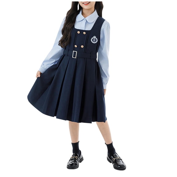 Girls Preppy 2 Piece Outfit Set, School Shirt and Overall Skirt, Navy Blue, Sizes 5-14 Years,Size 5-6 T