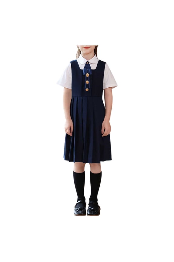 Girls Preppy 3-Piece Outfit Set, Navy Blue Sleeveless Dress & Collared Top with Tie, School Uniform Style Dress, Kids to Teen 3T-15Y, Stretch Comfort,Size 3-4 T