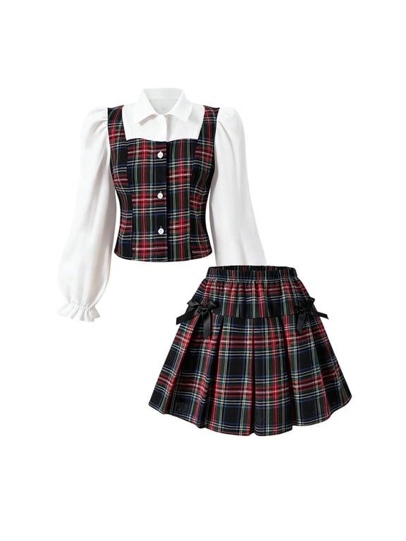 Girls Preppy Plaid 2‑Piece Outfit Set Puff Long Sleeve Shirt Vest Top Bow Elastic Waist Pleated Skirt Kids Academy Style Clothing for School Performance Daily Wear(White,8-9 Years)