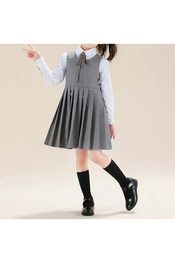 Girls Preppy Style Jumper Dress Pleated Knee Length Sleeveless Uniform Dress (Grey 9-10 Years)