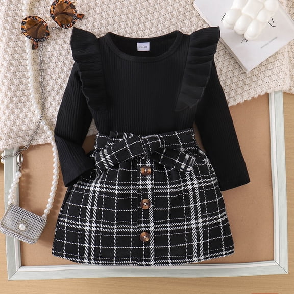 Girls Preppy Style Outfit Pullover Top with Plaid Skirt Set 2-Piece School Photo Wear Cute Clothes For Girls