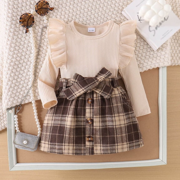 Girls Preppy Style Outfit Pullover Top with Plaid Skirt Set 2-Piece School Photo Wear Cute Clothes For Girls