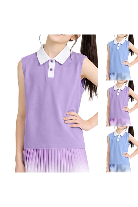 Girls Preppy Style Sleeveless Lapel Top, Trendy Solid Color Summer Collared Blouse for 5-15 Years Old, Versatile Casual & Fashion Clothes Purple 14 Years