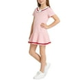 thumbnail image 1 of Girls Preppy Summer Dresses Short Sleeve Ruffle Hem Shawl Collar Color Block Back to School Dress ( Pink, 1-2 Years ), 1 of 7