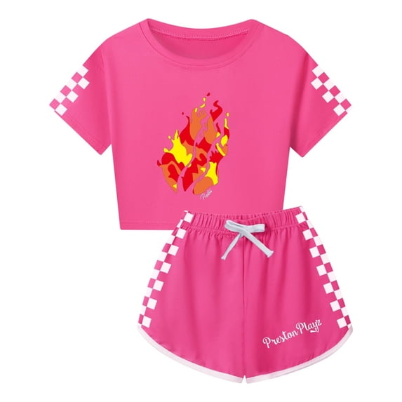 Girls Preston Playz Game Apparel – Flame Graphic Crop Tee and Casual Shorts Set Summer Outfit for Young Fans