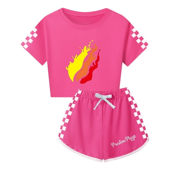 Girls PrestonPlayz Gaming Outfit – Flame Graphic Crop Shirt and Shorts with Checkered Sleeves Summer Clothing Set