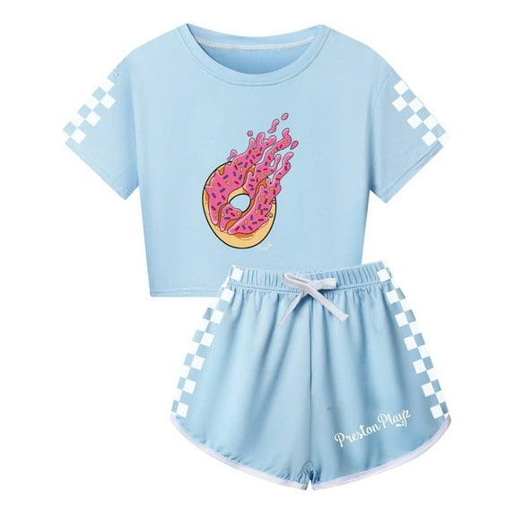 Girls PrestonPlayz Set – Summer Crop Tee and Shorts with Flame Logo and Checkered Details Kids Gaming Outfit