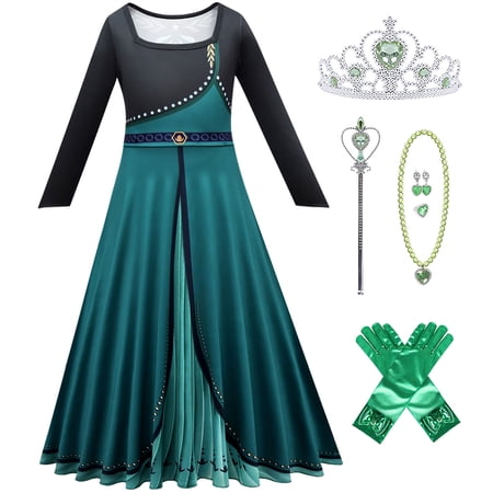 Girls 3D Printed Long Sleeve Winter Princess Dress with Crown Set Cosplay Costume Role Play Outfit