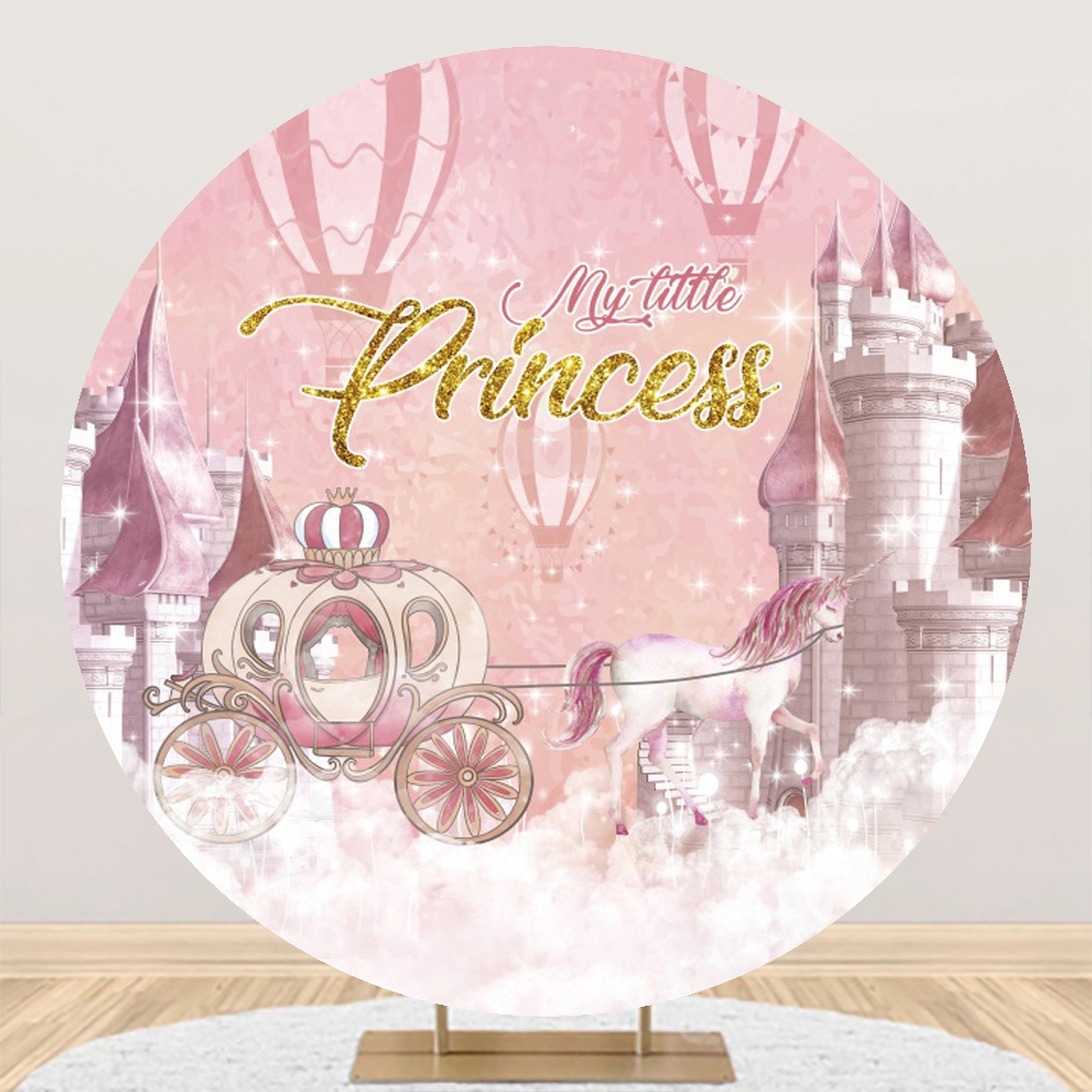 Rounded Princess Girls Princess Birthday Round Backdrop Cover Pink Castle Flower ...
