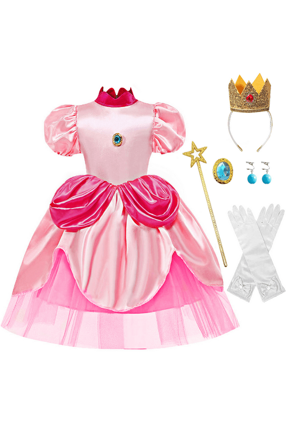Girls Princess Costume, 5 Pcs Pink Peach Dress Set for Kids Children Dress Up for Birthday Party Gift 4-6 Years