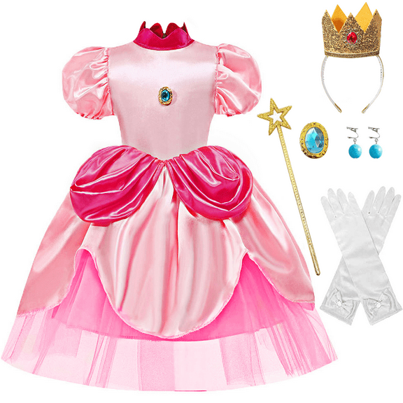 Girls Princess Costume, 5 Pcs Pink Peach Dress Set for Kids Children Dress Up for Birthday Party Gift 7-8 Years