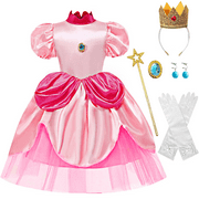 IKALI Girls Princess Costume, 5 Pcs Pink Peach Dress Set for Kids Children Dress Up for Birthday Party Gift 8-10 Years