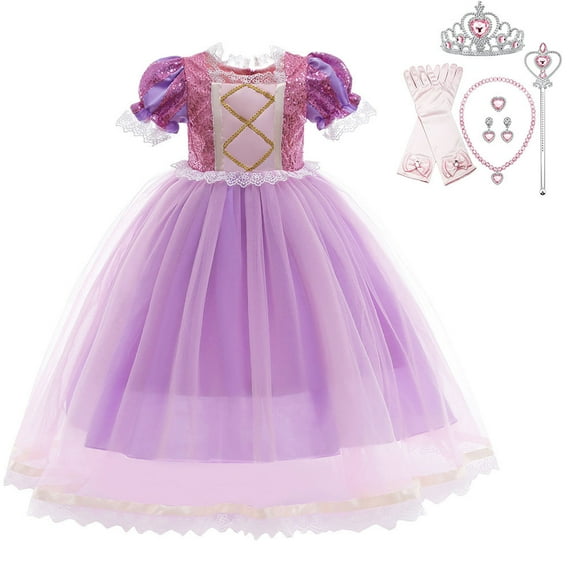 Girls Princess Costume Puff Sleeve Sequin Cosplay Dress with Accessories