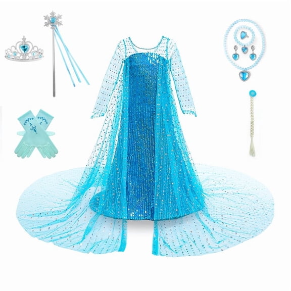 Girls Princess Dress Costume - Elsa Snow Luxury Sequin Halloween Birthday Party Dress Up Kids 2T-13T