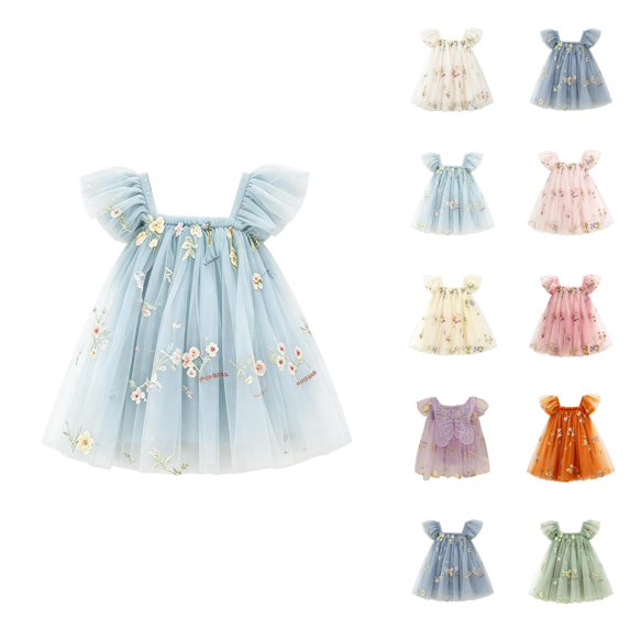 Girls Princess Dress Flower Girl Dress Ball Gown Flutter Sleeve Tulle Embroidered 3D Flower Floral Embroidery Party Holiday Elegant Fancy Dresses for Girls 3-24M