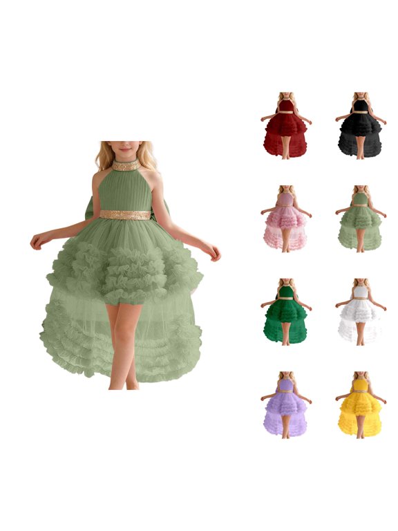 Girls Princess Dress Flower Girl Dress Ball Gown Halter Neck Tulle Hi-Lo Train Performance Piano Concert Elegant Fancy Dresses for Girls