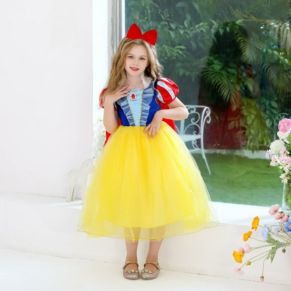 Girls Princess Dress Halloween Snow Costume with Cape Headband for Little Girls 3-9Y