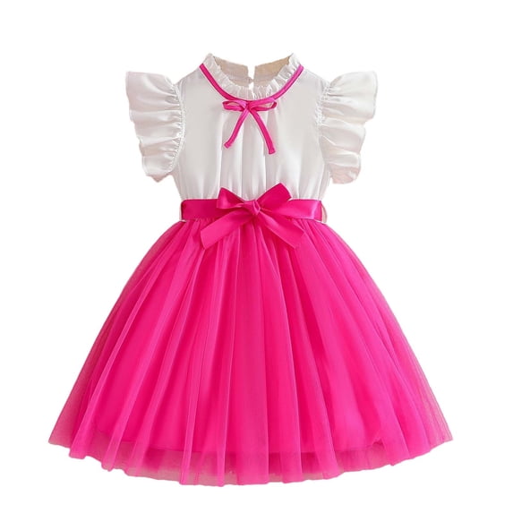 Girls Princess Dress Hot Pink Tulle Tutu with Sparkly Bow Belt & Ruffle Sleeves for Birthday Party Kids Kids 3-10Y,Size 7 T
