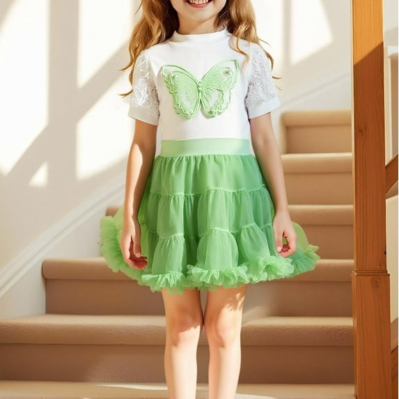 Girls Princess Dress Set, Butterfly Embroidery Short Sleeve Top and Puffy Skirt Outfit, Toddler Tutu Dress Set for Birthday Party and Play, Age 3-8 Years White 110