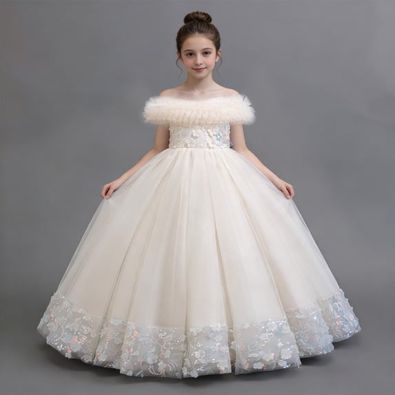 Girls Princess Dress Short Sleeve Round Neck Lace Mesh Bowknot Dress For Girls 3-14 Years Beige 3-4 Years