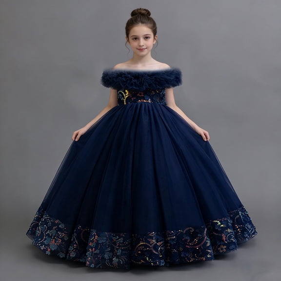 Girls Princess Dress Off the Shoulder Sequined Lace Mesh Floor-Length Ball Gown Party Wedding Formal Dress for Girls Navy 7-8 Years