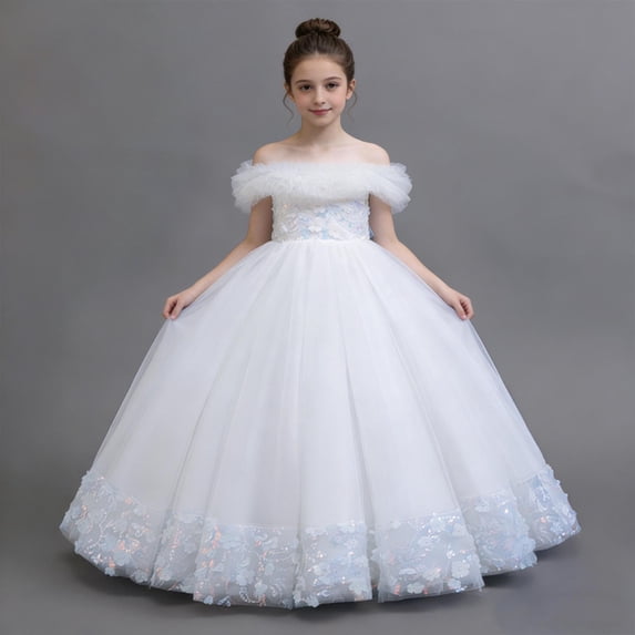 Girls Princess Dress Short Sleeve Round Neck Lace Mesh Bowknot Dress For Girls 3-14 Years White 3-4 Years