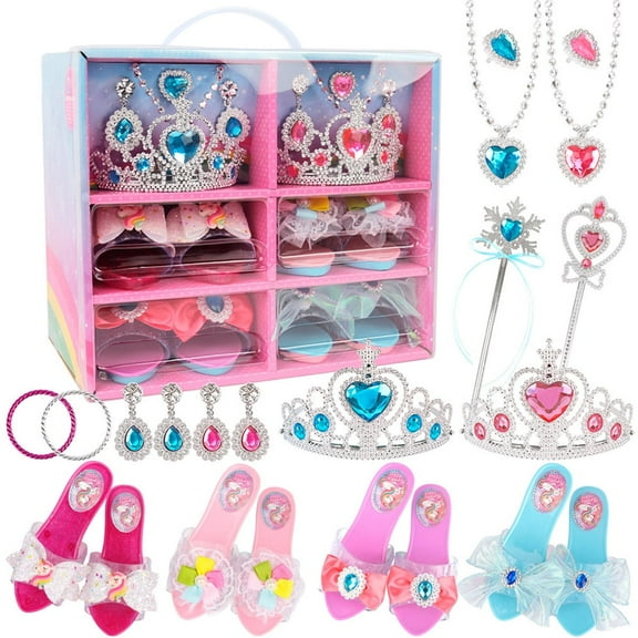 Girls Princess Dress Up Shoes and Accessories with 4 Pair of Princess Play Shoes and Jewelry Birthday Gifts Set
