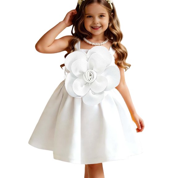 Girls Princess Dress with 3D Flower Sleeveless Formal Party Gown Easter Wedding Birthday Cute Short Dress (4 Years, White)